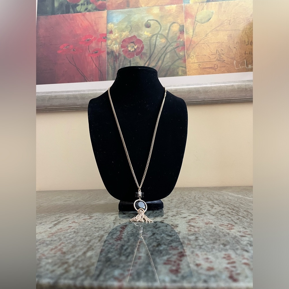Ladies J. Crew Black & Simulated Diamond Necklace,28”Chain and 3”Extension Chain
